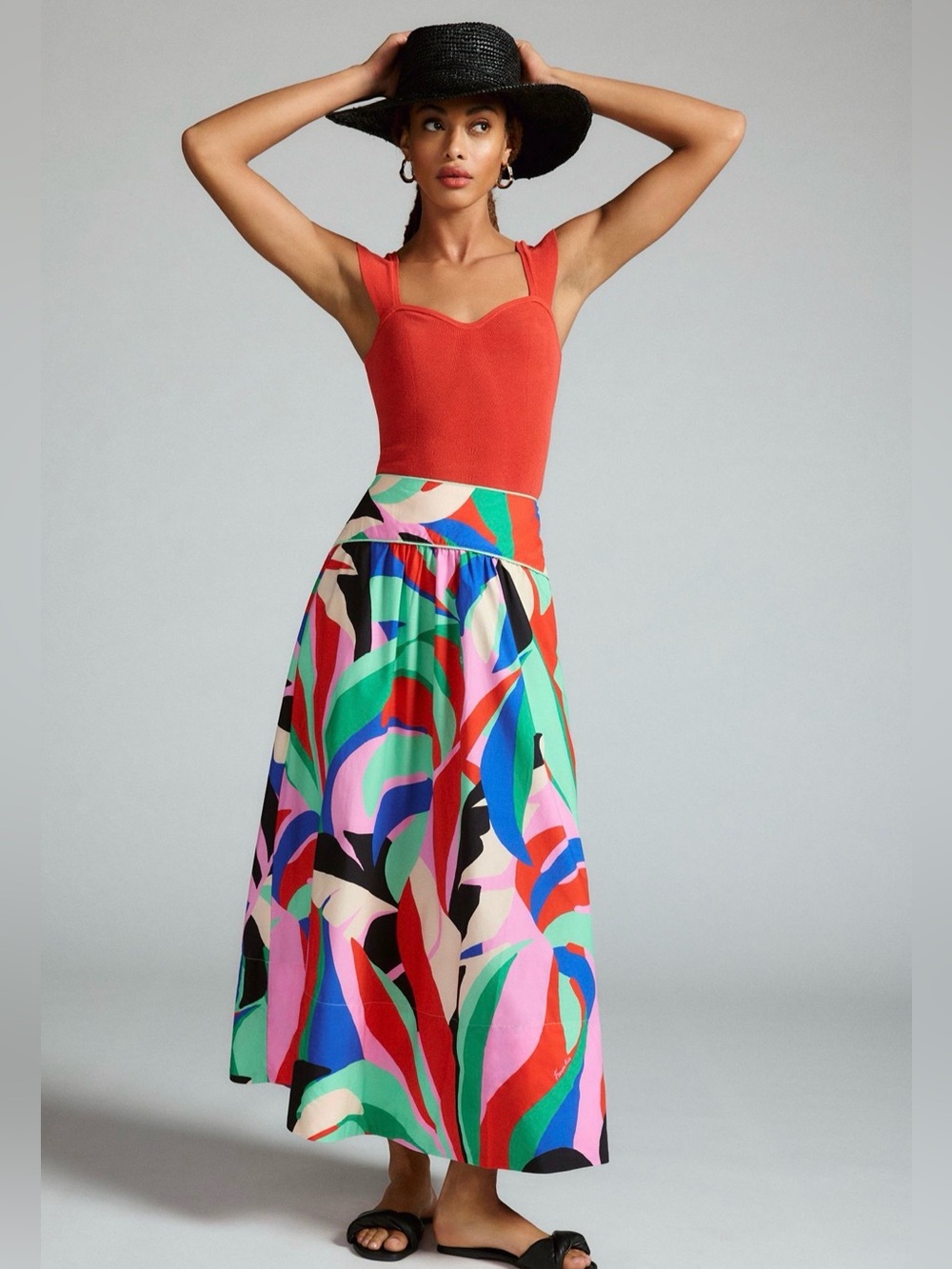 Preowned Anthropologie x Farm Rio Colorful Monstera Skirt Size XL